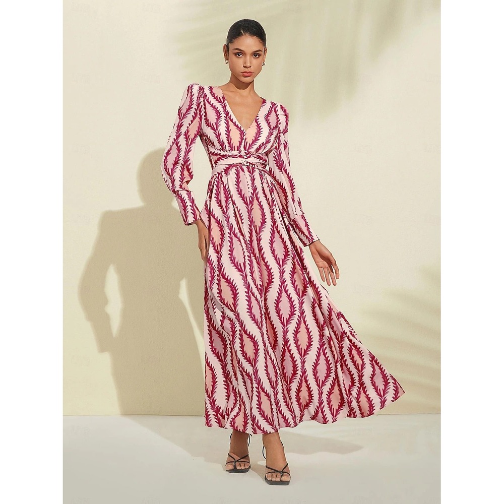 Ador Pink Botanical Print V-Neck Twisted Waist‎ Long Sleeve Maxi Dress Large NWT
